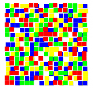 Four layers of cells of colors RGBY, spread out to cover most of the grid